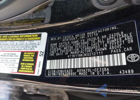 2019 Toyota Camry L/Le/Xle/Se/Xse z USA, uszkodzony, nr VIN 4T1B11HK3KU212111